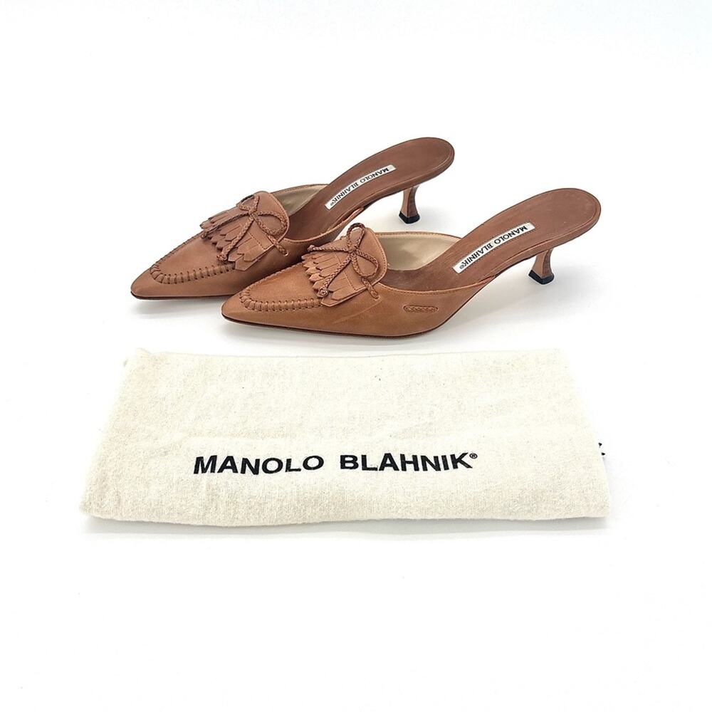 Vintage Manolo Blahnik  Bow Fringe Detail Pointed Toe Kitten Heel Mules 39.5 - Picture 2 of 10